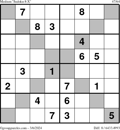 The grouppuzzles.com Medium Sudoku-8-X puzzle for Wednesday March 6, 2024