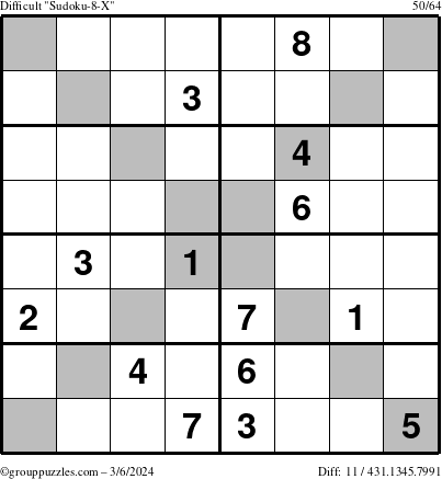 The grouppuzzles.com Difficult Sudoku-8-X puzzle for Wednesday March 6, 2024