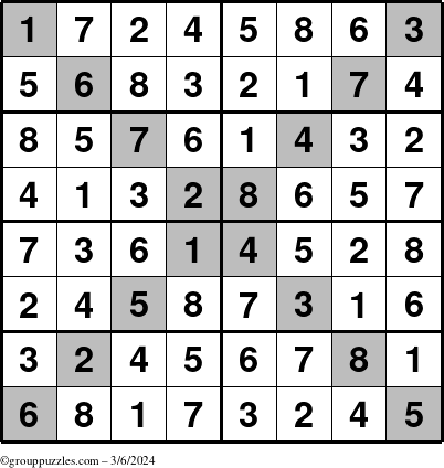 The grouppuzzles.com Answer grid for the Sudoku-8-X puzzle for Wednesday March 6, 2024