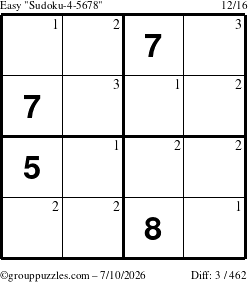 The grouppuzzles.com Easy Sudoku-4-5678 puzzle for Friday July 10, 2026 with the first 3 steps marked