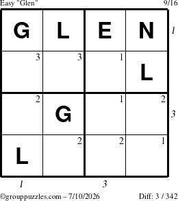 The grouppuzzles.com Easy Glen puzzle for Friday July 10, 2026 with all 3 steps marked