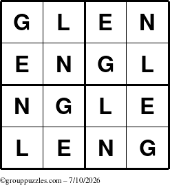 The grouppuzzles.com Answer grid for the Glen puzzle for Friday July 10, 2026