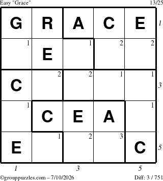 The grouppuzzles.com Easy Grace puzzle for Friday July 10, 2026, suitable for printing, with all 3 steps marked