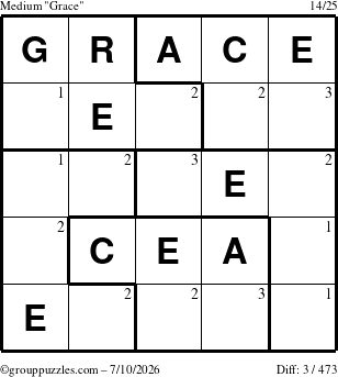 The grouppuzzles.com Medium Grace puzzle for Friday July 10, 2026 with the first 3 steps marked