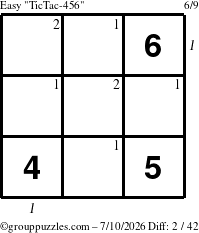 The grouppuzzles.com Easy TicTac-456 puzzle for Friday July 10, 2026, suitable for printing, with all 2 steps marked