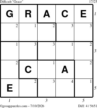 The grouppuzzles.com Difficult Grace puzzle for Friday July 10, 2026, suitable for printing, with all 4 steps marked