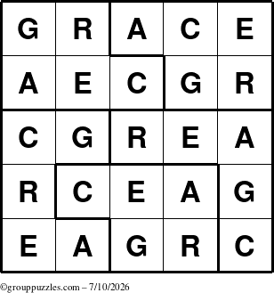 The grouppuzzles.com Answer grid for the Grace puzzle for Friday July 10, 2026
