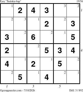 The grouppuzzles.com Easy Sudoku-6up puzzle for Friday July 10, 2026, suitable for printing, with all 3 steps marked