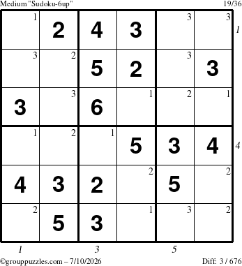 The grouppuzzles.com Medium Sudoku-6up puzzle for Friday July 10, 2026, suitable for printing, with all 3 steps marked