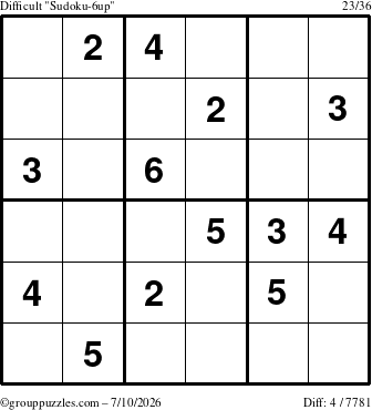 The grouppuzzles.com Difficult Sudoku-6up puzzle for Friday July 10, 2026