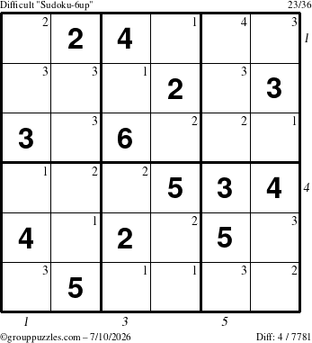 The grouppuzzles.com Difficult Sudoku-6up puzzle for Friday July 10, 2026 with all 4 steps marked