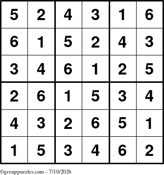 The grouppuzzles.com Answer grid for the Sudoku-6up puzzle for Friday July 10, 2026
