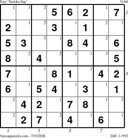 The grouppuzzles.com Easy Sudoku-8up puzzle for Friday July 10, 2026 with all 3 steps marked