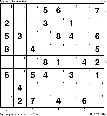 The grouppuzzles.com Medium Sudoku-8up puzzle for Friday July 10, 2026, suitable for printing, with all 6 steps marked