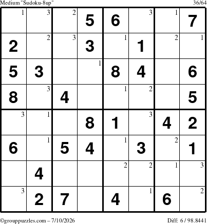 The grouppuzzles.com Medium Sudoku-8up puzzle for Friday July 10, 2026 with the first 3 steps marked