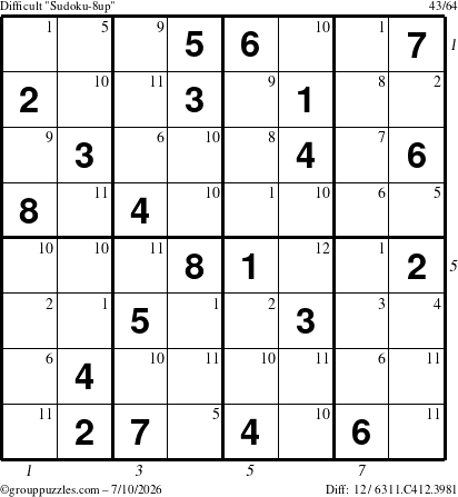 The grouppuzzles.com Difficult Sudoku-8up puzzle for Friday July 10, 2026 with all 12 steps marked