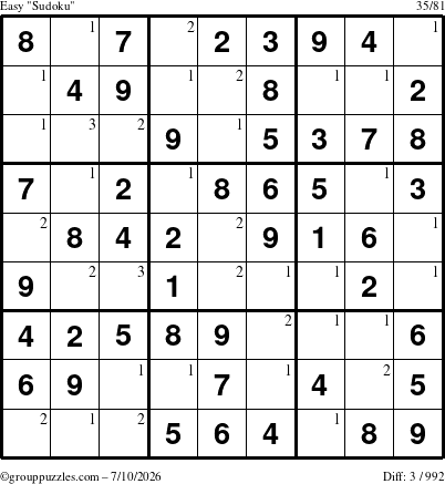 The grouppuzzles.com Easy Sudoku puzzle for Friday July 10, 2026 with the first 3 steps marked