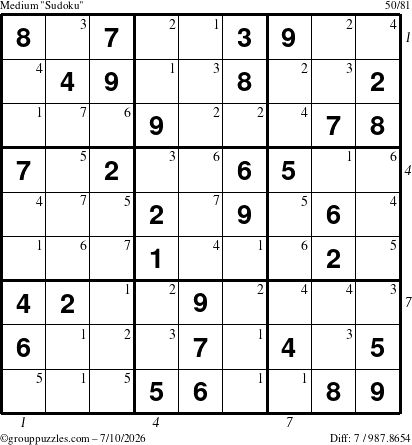 The grouppuzzles.com Medium Sudoku puzzle for Friday July 10, 2026, suitable for printing, with all 7 steps marked