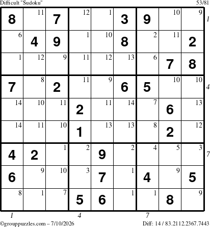 The grouppuzzles.com Difficult Sudoku puzzle for Friday July 10, 2026 with all 14 steps marked