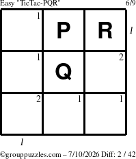 The grouppuzzles.com Easy TicTac-PQR puzzle for Friday July 10, 2026 with all 2 steps marked