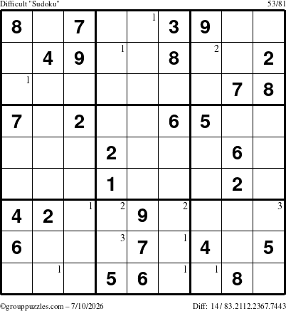 The grouppuzzles.com Difficult Sudoku puzzle for Friday July 10, 2026 with the first 3 steps marked