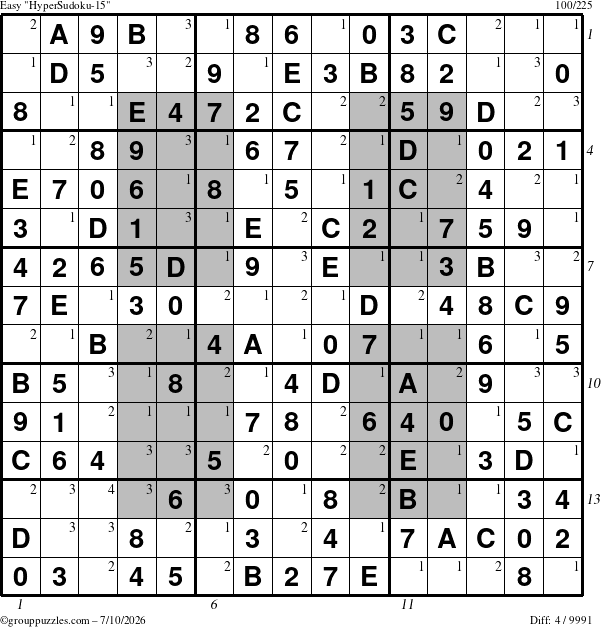 The grouppuzzles.com Easy HyperSudoku-15 puzzle for Friday July 10, 2026, suitable for printing, with all 4 steps marked