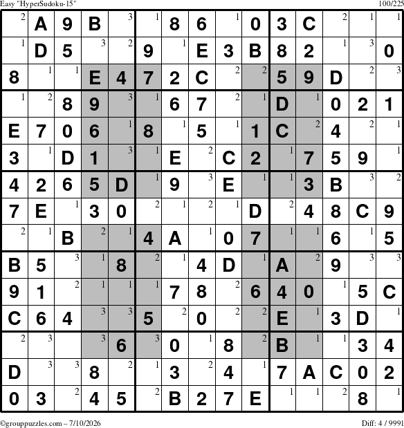 The grouppuzzles.com Easy HyperSudoku-15 puzzle for Friday July 10, 2026 with the first 3 steps marked