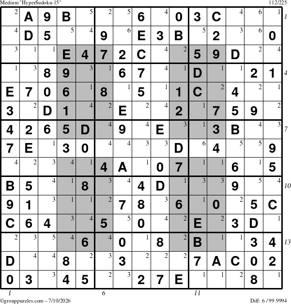 The grouppuzzles.com Medium HyperSudoku-15 puzzle for Friday July 10, 2026, suitable for printing, with all 6 steps marked