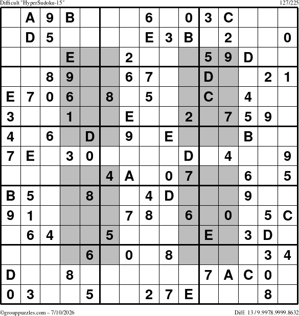 The grouppuzzles.com Difficult HyperSudoku-15 puzzle for Friday July 10, 2026