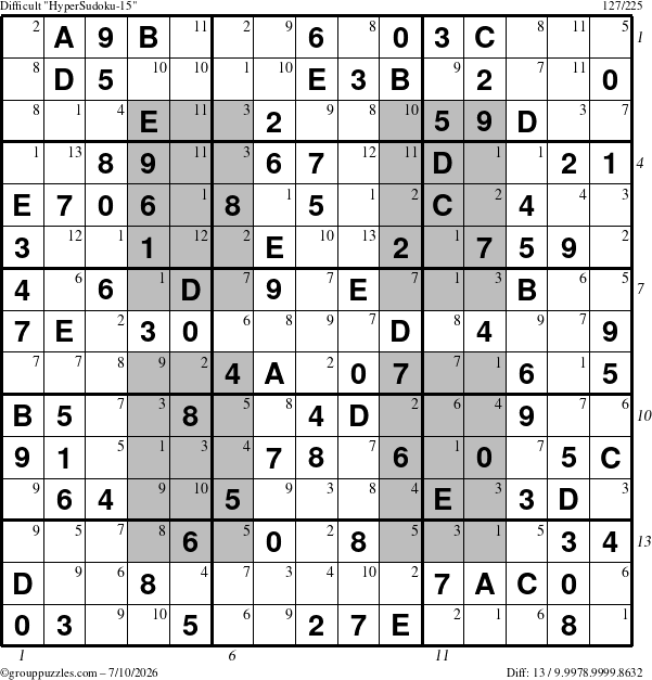 The grouppuzzles.com Difficult HyperSudoku-15 puzzle for Friday July 10, 2026 with all 13 steps marked