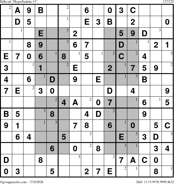 The grouppuzzles.com Difficult HyperSudoku-15 puzzle for Friday July 10, 2026 with the first 3 steps marked