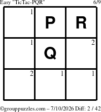 The grouppuzzles.com Easy TicTac-PQR puzzle for Friday July 10, 2026 with the first 2 steps marked