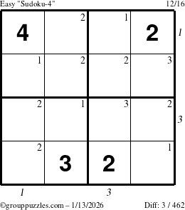 The grouppuzzles.com Easy Sudoku-4 puzzle for Tuesday January 13, 2026 with all 3 steps marked