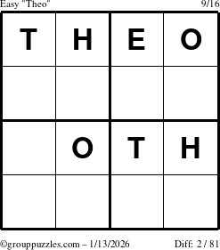 The grouppuzzles.com Easy Theo puzzle for Tuesday January 13, 2026