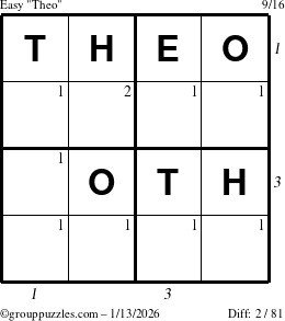 The grouppuzzles.com Easy Theo puzzle for Tuesday January 13, 2026 with all 2 steps marked