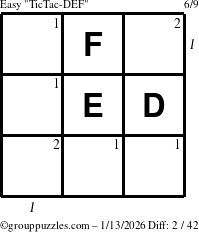 The grouppuzzles.com Easy TicTac-DEF puzzle for Tuesday January 13, 2026 with all 2 steps marked