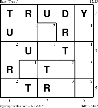 The grouppuzzles.com Easy Trudy puzzle for Tuesday January 13, 2026, suitable for printing, with all 3 steps marked
