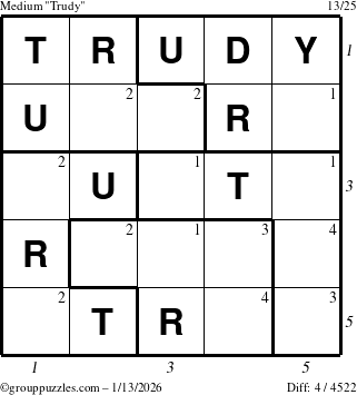 The grouppuzzles.com Medium Trudy puzzle for Tuesday January 13, 2026, suitable for printing, with all 4 steps marked