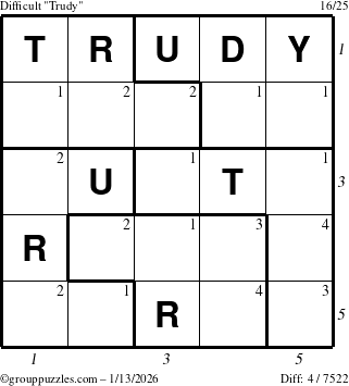 The grouppuzzles.com Difficult Trudy puzzle for Tuesday January 13, 2026, suitable for printing, with all 4 steps marked