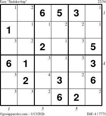 The grouppuzzles.com Easy Sudoku-6up puzzle for Tuesday January 13, 2026, suitable for printing, with all 4 steps marked