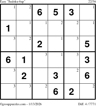 The grouppuzzles.com Easy Sudoku-6up puzzle for Tuesday January 13, 2026 with the first 3 steps marked