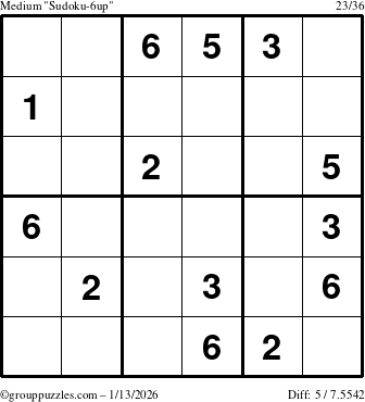 The grouppuzzles.com Medium Sudoku-6up puzzle for Tuesday January 13, 2026