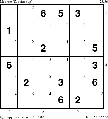 The grouppuzzles.com Medium Sudoku-6up puzzle for Tuesday January 13, 2026, suitable for printing, with all 5 steps marked