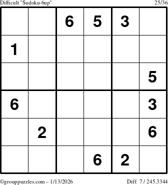 The grouppuzzles.com Difficult Sudoku-6up puzzle for Tuesday January 13, 2026