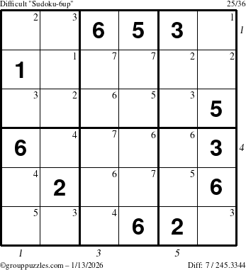 The grouppuzzles.com Difficult Sudoku-6up puzzle for Tuesday January 13, 2026, suitable for printing, with all 7 steps marked