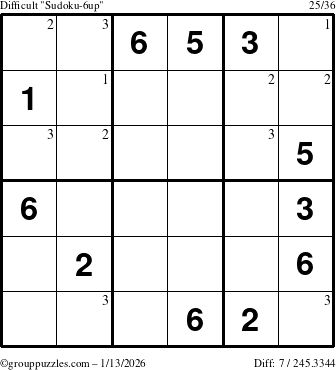 The grouppuzzles.com Difficult Sudoku-6up puzzle for Tuesday January 13, 2026 with the first 3 steps marked