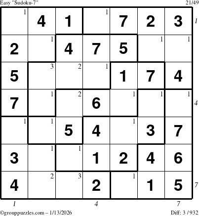 The grouppuzzles.com Easy Sudoku-7 puzzle for Tuesday January 13, 2026, suitable for printing, with all 3 steps marked