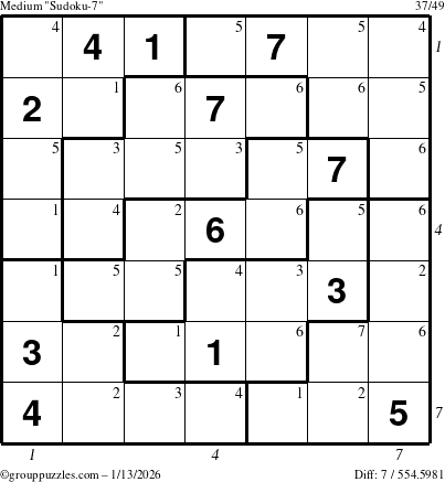 The grouppuzzles.com Medium Sudoku-7 puzzle for Tuesday January 13, 2026, suitable for printing, with all 7 steps marked