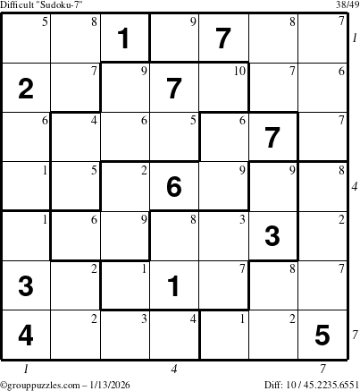 The grouppuzzles.com Difficult Sudoku-7 puzzle for Tuesday January 13, 2026 with all 10 steps marked