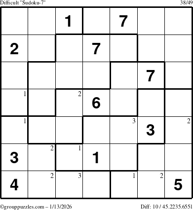 The grouppuzzles.com Difficult Sudoku-7 puzzle for Tuesday January 13, 2026 with the first 3 steps marked